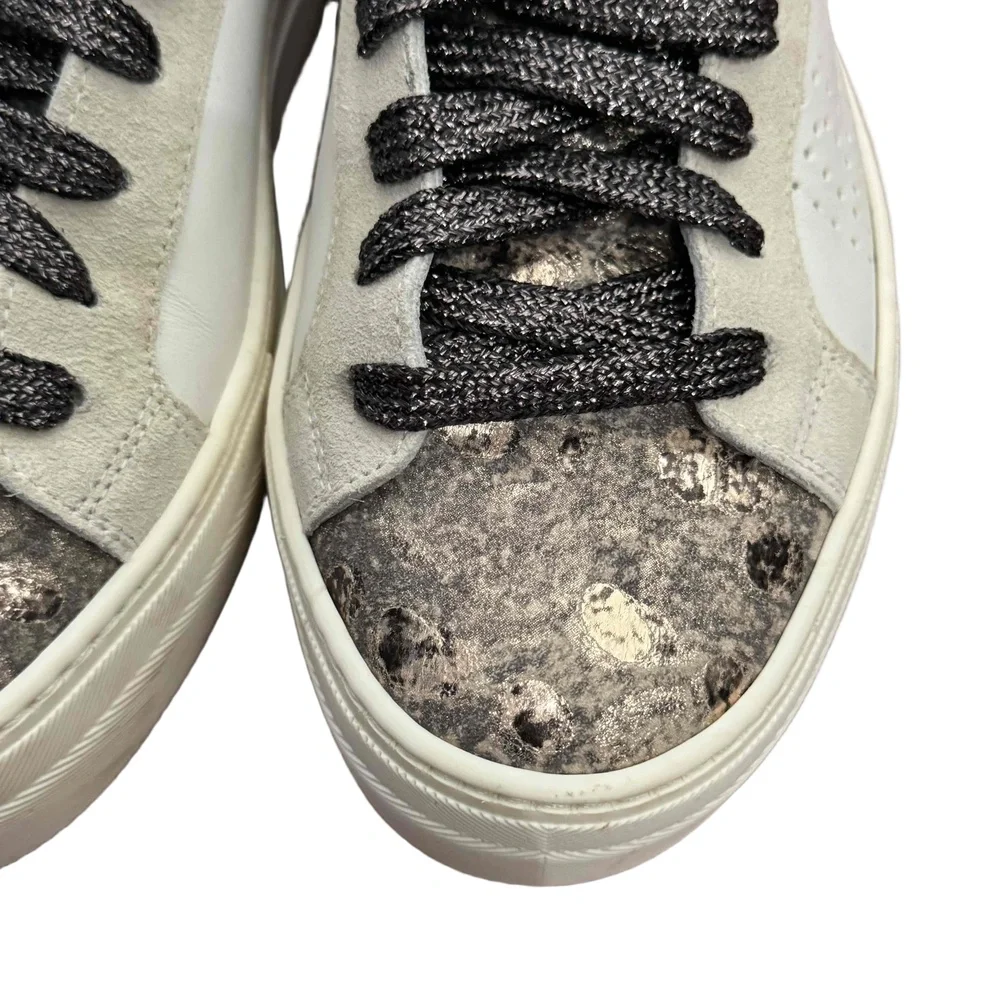 P448 Thea Platform Sneakers White Metallic Leather and Suede Size 37‎